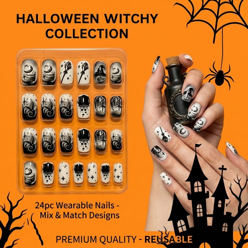 Sanding Stick Set - 24PCS Halloween Heksenhoed Valse Nagels Gothic